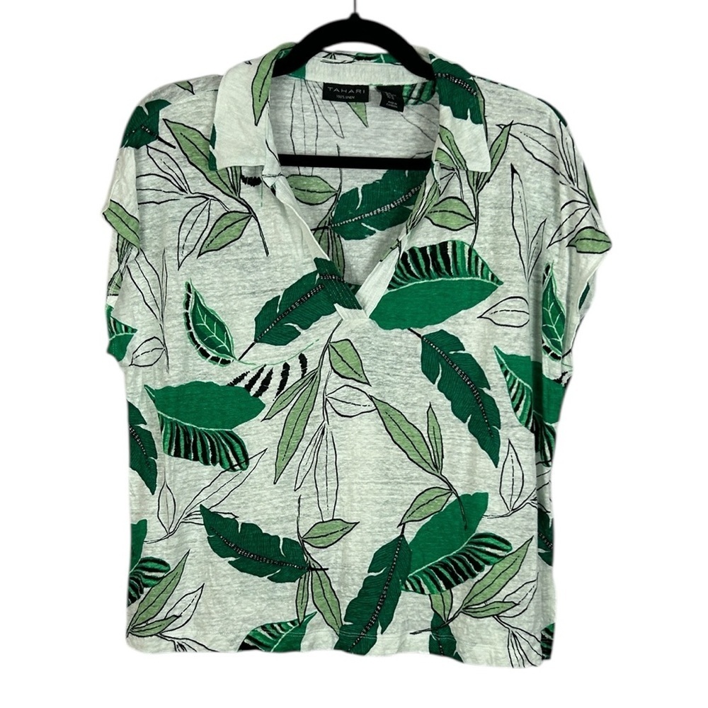 Tahari Linen Tropical Short Sleeve Collared Tee XL White Green Beach Coastal
